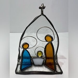 Leaded Stained Glass Nativity Scene Handcrafted Christmas Cross Joseph Mary Baby